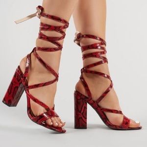 NWOT Red Snakeskin Lace Up Heels